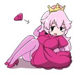  commentary crown dress gabyo_nuno high_heels looking_at_viewer mario_(series) personification pink_hair pink_legwear sitting solo super_crown super_mario_world white_background 