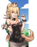  anonamos bare_shoulders blonde_hair blue_eyes bowsette bracelet breasts cleavage collar commentary_request crown dress earrings fire horns jewelry large_breasts looking_at_viewer mario_(series) new_super_mario_bros._u_deluxe ponytail sharp_teeth solo spiked_bracelet spiked_collar spikes super_crown teeth 
