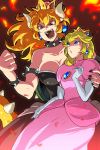  71 angry armlet bare_shoulders blonde_hair blue_eyes bowsette bracelet breasts clenched_hand collar commentary crown dress earrings elbow_gloves gloves horns jewelry long_hair looking_at_another mario_(series) multiple_girls nail_polish new_super_mario_bros._u_deluxe pink_dress princess_peach spiked_bracelet spiked_collar spikes super_crown 