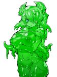  blue_eyes breasts closed_mouth cowboy_shot fukurou_(owl222) goo_girl green_hair green_sclera green_skin hair_over_one_eye highres horns large_breasts long_hair looking_at_viewer monster_girl navel nipples nude one_eye_covered original simple_background solo standing tentacle_hair white_background 