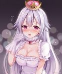  artist_name bangs blush breasts cleavage collar commentary crown earrings eyebrows_visible_through_hair frilled_collar frills gloves hair_between_eyes hair_flaps hand_up jewelry large_breasts looking_at_viewer luigi's_mansion mario_(series) new_super_mario_bros._u_deluxe parted_bangs princess_king_boo red_eyes sakura_hiyori sharp_teeth silver_hair solo super_crown teeth tongue tongue_out 