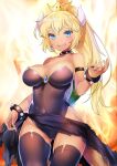  47agdragon armlet bangs bare_shoulders black_legwear black_leotard blonde_hair blue_eyes blush bowsette bracelet breasts cleavage collar crown dark_skin earrings eyebrows_visible_through_hair highres horns jewelry large_breasts leotard long_hair looking_at_viewer mario_(series) new_super_mario_bros._u_deluxe open_mouth pointy_ears ponytail sharp_teeth smile solo spiked_bracelet spiked_collar spiked_shell spikes strapless strapless_leotard super_crown tail teeth thick_eyebrows thighhighs turtle_shell 