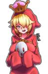  arm_belt artist_name blonde_hair blue_eyes blush commentary crown hair_over_one_eye highres humanization looking_at_viewer mario_(series) mask mask_removed new_super_mario_bros._u_deluxe open_mouth oppaihobby princess_shy_guy red_hood shy_guy sleeves_past_fingers sleeves_past_wrists solo standing super_crown 
