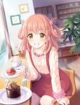  1girl blush brown_hair cake casual chair chocolate_cake coffee coffee_mug collarbone cup food green_eyes hair_ornament hair_rings hairclip highres inosaki_rino jewelry looking_at_viewer macaron mug necklace official_art orange_hair pastry pink_scrunchie plant pov princess_connect! scrunchie sitting skirt solo suspender_skirt suspenders two_side_up wrist_scrunchie yellow_eyes 