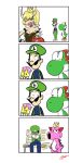  2boys 4koma :d bare_shoulders birdo blonde_hair blue_overalls bowsette bracelet breasts cleavage closed_eyes collar comic face_in_hands fang gapangman gloves green_hat green_shirt hand_on_another's_head hat highres jewelry luigi mario mario_(series) multiple_boys new_super_mario_bros._u_deluxe on_bench open_mouth outdoors overalls red_hat shirt sitting smile spiked_armlet spiked_bracelet spiked_collar spikes standing super_crown super_mario_bros. suspenders upper_body white_background white_gloves yoshi 