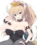  bangs bare_shoulders black_dress blonde_hair blue_eyes blush bowsette bracelet breasts collar commentary_request crown dress earrings fingernails hair_between_eyes head_tilt highres horns jewelry large_breasts long_hair looking_at_viewer mario_(series) miko_92 nail_polish new_super_mario_bros._u_deluxe ponytail sidelocks simple_background solo spiked_bracelet spiked_collar spikes standing strapless strapless_dress super_crown tail white_background 