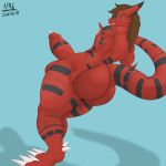  angrypotato96 anthro balls big_balls big_butt big_penis butt digimon erection guilmon huge_balls huge_butt huge_penis humanoid_penis male markings muscular muscular_male nude penis precum scalie smile solo thick_thighs vein 