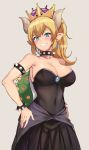  alp armlet bare_shoulders black_dress blonde_hair blue_eyes bowsette bracelet breasts cleavage collar commentary covered_navel crown dress grin hair_between_eyes hands_on_hips highres horns jewelry large_breasts long_hair looking_at_viewer mario_(series) new_super_mario_bros._u_deluxe parted_lips ponytail shiny shiny_hair shiny_skin simple_background smile solo spiked_bracelet spiked_collar spikes standing strapless strapless_dress super_crown tail turtle_shell 