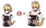  :&lt; age_progression armlet bangs bare_shoulders black_dress blonde_hair blue_eyes bowsette bracelet breasts collar collarbone crown directional_arrow dress earrings eron flat_chest forked_eyebrows gem grin hair_between_eyes hands_on_hips highres horns jewelry large_breasts mario_(series) mushroom new_super_mario_bros._u_deluxe pointy_ears ponytail sharp_teeth short_hair smile smug spiked_armlet spiked_bracelet spiked_collar spiked_tail spikes strapless strapless_dress super_crown super_mario_bros. super_mushroom tail teeth turtle_shell younger 