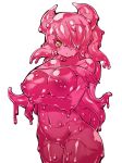  breasts closed_mouth cowboy_shot fukurou_(owl222) goo_girl hair_over_one_eye highres horns large_breasts long_hair looking_at_viewer monster_girl navel nipples nude one_eye_covered original pink_hair pink_sclera pink_skin simple_background solo standing tentacle_hair white_background yellow_eyes 