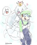  &gt;_&lt; 1girl :d artist_name blank_eyes blue_overalls blush boo brown_hair commentary crown dress facial_hair fainted foaming_at_the_mouth ghost ghost_tail gloves green_hat green_shirt hair_between_eyes hat heart hug hug_from_behind long_hair luigi luigi's_mansion mario_(series) mustache new_super_mario_bros._u_deluxe open_mouth overalls panzuban pink_eyes princess_king_boo puffy_short_sleeves puffy_sleeves sharp_teeth shirt short_sleeves simple_background sketch smile super_crown teeth turn_pale twitter_username very_long_hair white_background white_dress white_gloves white_hair white_skin xd 