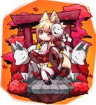  animal_ear_fluff animal_ears bare_shoulders blonde_hair blush borrowed_character chibi commentary_request detached_sleeves eyebrows_visible_through_hair fox_ears fox_tail fukurou_(owl222) highres inari japanese_clothes kemomimi-chan_(naga_u) leaf long_sleeves looking_at_viewer miko orange_background original parted_lips red_eyes sandals solo standing standing_on_one_leg statue tail thighhighs torii tree white_legwear wide_sleeves 