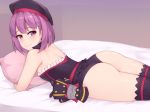  1girl absurdres ass automaton_(object) bangs bare_shoulders bed bed_sheet black_hat black_legwear black_panties blush breasts closed_mouth colonel_olcott_(fate/grand_order) detached_collar doll dress eyebrows_visible_through_hair fate/grand_order fate_(series) hat helena_blavatsky_(fate/grand_order) highres indoors kuavera looking_at_viewer lying on_bed on_side on_stomach paid_reward panties patreon_reward pillow purple_eyes purple_hair short_hair small_breasts smile solo strapless strapless_dress thighhighs underwear 