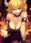  bangs bare_shoulders black_shirt blonde_hair blue_eyes bowsette bracelet breasts cleavage collar commentary_request danann earrings eyebrows_visible_through_hair fire highres horns jewelry large_breasts leaning_forward long_hair looking_at_viewer mario_(series) new_super_mario_bros._u_deluxe open_mouth ponytail sharp_nails shirt solo spiked_armlet spiked_bracelet spiked_collar spikes strapless_shirt 