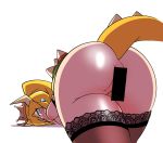  :d aqua_eyes armlet ass ass_focus bangs bar_censor bare_shoulders blonde_hair blonde_pubic_hair blue_earrings blush borrowed_design bowsette breasts brown_legwear censored claw_pose clenched_teeth colored_pubic_hair crown d; earrings eyelashes from_behind half-closed_eye horns jewelry lace lace-trimmed_thighhighs large_breasts long_hair looking_at_viewer looking_back mario_(series) new_super_mario_bros._u_deluxe nose_blush one_eye_closed open_mouth parted_bangs ponytail pubic_hair rodney sanpaku sharp_teeth shiny shiny_skin simple_background slit_pupils smile solo spiked_armlet super_crown sweatdrop tail tail_raised teeth thick_eyebrows thighhighs top-down_bottom-up turtle_shell v-shaped_eyebrows white_background 