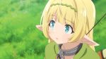  1girl animated animated_gif aqua_eyes blonde_hair blush collar elf eyebrows_visible_through_hair grass isekai_maou_to_shoukan_shoujo_dorei_majutsu laughing long_hair outdoors pointy_ears shera_l_greenwood smile solo walking 