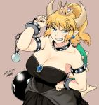  bare_shoulders black_dress blonde_hair blue_eyes bowsette bracelet breasts brown_background chain_chomp cleavage collar commentary_request crown dated dress earrings fingernails grin hand_on_hip horns jewelry large_breasts looking_at_viewer mario_(series) new_super_mario_bros._u_deluxe pointy_ears ponytail sharp_fingernails sharp_teeth signature simple_background slit_pupils smile solo strapless strapless_dress super_crown teeth tsukudani_(coke-buta) 