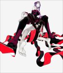  abstract bare_legs bare_shoulders barefoot boots breasts collar dark_persona dark_sakura dress elbow_gloves facial_mark fate/stay_night fate_(series) feet forehead_mark gloves high_contrast highres long_hair looking_at_viewer matou_sakura multiple_girls mzet pale_skin purple_hair red_eyes rider sleeveless smile soles strapless strapless_dress striped thigh_boots thighhighs toes turtleneck very_long_hair white_hair 