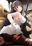  armpits ass assault_rifle bangs black_hair black_legwear blush breasts bullpup closed_mouth commentary_request covered_nipples dust_particles elbow_gloves eyebrows_visible_through_hair flower from_behind girls_frontline gloves gun hair_flower hair_in_mouth hair_ornament hairband high_heels holding holding_weapon indoors kanzaki_kureha kneeling large_breasts light long_hair looking_at_viewer looking_back pantyhose pleated_skirt qbz-95 qbz-95_(girls_frontline) rifle shirt sidelocks skirt sleeveless sleeveless_shirt smile solo sunlight thighhighs torn_clothes torn_legwear very_long_hair weapon white_footwear white_gloves white_hairband white_shirt white_skirt window yellow_eyes 