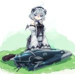  ahoge ascot bare_shoulders bee_(deadflow) black_neckwear blue_eyes boots breasts closed_mouth copyright_request detached_collar grass looking_at_viewer short_hair sidelocks sitting small_breasts smile solo wings 