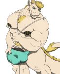  anthro big_bulge bulge dragon hair hand_on_bulge looking_at_viewer male mosin muscular muscular_male nipple_piercing nipples pecs penis_outline piercing precum smile solo standing 