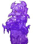  breasts closed_mouth cowboy_shot fukurou_(owl222) goo_girl hair_over_one_eye highres horns large_breasts long_hair looking_at_viewer monster_girl navel nipples nude one_eye_covered original purple_hair purple_sclera purple_skin red_eyes simple_background solo standing tentacle_hair white_background 