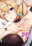  ;o arm_up armpits blonde_hair blue_eyes bowsette bracelet breasts cleavage collar commentary_request eyebrows_visible_through_hair horns jewelry looking_at_viewer mappaninatta mario_(series) new_super_mario_bros._u_deluxe one_eye_closed pointy_ears pun solo spiked_bracelet spiked_collar spikes spread_armpit 