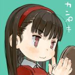  blue_background brown_hair closed_mouth collared_shirt dress ebimomo eyebrows_visible_through_hair fingernails hairband holding long_hair looking_at_viewer lowres original portrait red_dress red_eyes red_hairband shirt simple_background smile solo wing_collar 