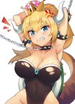  anger_vein angry armpits arms_behind_back arms_up bdsm blonde_hair blue_eyes blush bondage bound bowsette bracelet breasts chain chained check_commentary cleavage clenched_teeth collar collarbone commentary commentary_request covered_navel covered_nipples crown earrings eyebrows half-closed_eyes highleg highleg_leotard highres hips horns jehyun jewelry large_breasts leotard looking_at_viewer mario_(series) new_super_mario_bros._u_deluxe pointy_ears ponytail restrained sharp_teeth shell shoulder_spikes simple_background solo spiked_bracelet spiked_collar spikes strapless strapless_leotard super_crown tail teeth white_background wide_hips 