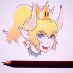  blonde_hair blue_eyes bowsette close-up collar commentary_request crown earrings eyebrows_visible_through_hair face hair_between_eyes highres ilya_kuvshinov jewelry looking_at_viewer mario_(series) new_super_mario_bros._u_deluxe open_mouth pencil photo pointy_ears sharp_teeth short_hair short_ponytail solo spiked_collar spikes super_crown teeth white_background 