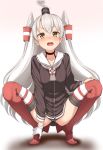  amatsukaze_(kantai_collection) ass bangs black_panties blush brown_eyes cameltoe choker commentary dress eyebrows_visible_through_hair fang full_body garter_straps gloves hair_between_eyes hair_tubes hand_on_ankle hand_on_own_knee hat kantai_collection kumadano legs lifebuoy long_hair looking_at_viewer mini_hat open_mouth panties red_legwear sailor_dress short_dress silver_hair simple_background single_glove smoke smokestack smokestack_hair_ornament solo spread_legs squatting striped striped_legwear thighhighs thighs two_side_up underwear white_background white_gloves windsock 