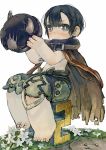  bare_arms barefoot blue_eyes blue_hair brown_cape cape closed_mouth collar commentary_request cosplay ebimomo flower grass hands_up helmet horned_helmet looking_at_viewer made_in_abyss male_focus maruruk metal_collar regu_(made_in_abyss) regu_(made_in_abyss)_(cosplay) shirtless shorts simple_background sitting solo toenails whistle white_background white_flower 