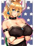  bare_shoulders blonde_hair blue_eyes bowsette bracelet breasts collar commentary_request crown dress hayama_kazusa highres horns jewelry large_breasts long_hair looking_at_viewer mario_(series) new_super_mario_bros._u_deluxe ponytail spiked_bracelet spiked_collar spikes strapless strapless_dress super_crown super_mario_bros. 