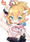  armpits blonde_hair blue_eyes blush bowser_jr. bowsette_jr. breasts child crown fire hand_up mario_(series) new_super_mario_bros._u_deluxe open_mouth pointy_ears simple_background small_breasts solo super_crown sweatdrop tousaki_shiina upper_body white_background 