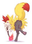  2018 3_toes ancesra anthro bent_over black_fur braixen butt canine digital_media_(artwork) dipstick_tail female fire fur inner_ear_fluff looking_at_viewer looking_back mammal multicolored_fur multicolored_tail nintendo nude pawpads paws pink_pawpads pok&eacute;mon pok&eacute;mon_(species) presenting red_eyes red_fur simple_background toes video_games yellow_fur 