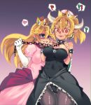 2girls ? @_@ armlet arms_up ass_visible_through_thighs bangs bare_shoulders black_collar black_dress black_leotard black_skirt blonde_hair blue_eyes blush borrowed_design bowsette bracelet breast_suppress breasts breasts_apart cameltoe chain cleavage clenched_hands collar commentary_request confused couple covered_navel cowboy_shot crown dress earrings elbow_gloves empty_eyes eyebrows_visible_through_hair eyelashes femdom floating_hair forked_eyebrows frilled_collar frilled_skirt frills full-face_blush gem gloves grabbing gradient gradient_background grey_legwear grin hair_between_eyes hand_up hands_on_own_chest head_tilt heart high_ponytail highleg highleg_leotard highres hips holding holding_leash horns impossible_clothes impossible_dress jewelry large_breasts leaning_forward leaning_on_person leash leash_pull legs_together leotard leotard_under_clothes light_blush long_dress long_hair long_skirt looking_at_another mario_(series) medium_breasts medium_hair mini_crown multiple_girls new_super_mario_bros._u_deluxe nose_blush open_mouth outline pantyhose parted_lips pink_background pink_dress pointy_ears ponytail princess princess_peach puffy_short_sleeves puffy_sleeves purple_background purple_sash raised_eyebrows red_eyes role_reversal ruby_(stone) ryou_homare sapphire_(stone) sash shaded_face sharp_teeth shiny shiny_clothes shiny_legwear shiny_skin short_pointy_ears short_ponytail short_sleeves showgirl_skirt sideboob sidelocks sideways_glance skirt slave smile speech_bubble spiked_armlet spiked_bracelet spiked_collar spiked_shell spikes spoken_heart spoken_interrobang spoken_question_mark standing strapless strapless_leotard super_crown super_mario_bros. sweatdrop teeth thick_eyebrows thigh_gap thighs turtle_shell white_gloves you_gonna_get_raped yuri 