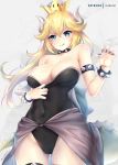  :q armlet bare_shoulders blonde_hair blue_eyes bowsette bracelet breasts claw_pose cleavage cleavage_reach collar commentary covered_navel covered_nipples cowboy_shot crown dress highleg highleg_leotard highres horns jewelry large_breasts leotard looking_at_viewer mario_(series) nail_polish new_super_mario_bros._u_deluxe rei_kun simple_background solo spiked_bracelet spiked_collar spikes super_crown tail tongue tongue_out 