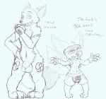  2017 abs animal_genitalia balls bulge canine clothed clothing cosplay digimon disney duo fennec finnick fox gaomon male mammal muscular muscular_male nick_wilde nude pecs renamon salaciouslx sheath sketch topless v-cut zootopia 