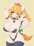  absurdres bikini black_legwear blue_eyes blush bowsette bracelet breasts cleavage crown highres horns jewelry large_breasts mahruru mario_(series) new_super_mario_bros._u_deluxe spiked_bracelet spikes super_crown super_mario_bros. swimsuit tail thighhighs v 