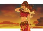  bracelet brown_hair dancer gloves jewelry long_hair long_skirt mella necklace octopath_traveler ponytail primrose_azelhart simple_background skirt smile solo 