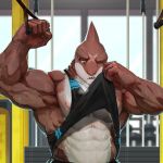  abs absurd_res anthro biceps big_muscles brown_skin clothing dustyangart exercise fish gills gym half-length_portrait hi_res holding_object male marine muscular muscular_male nipples open_mouth pecs portrait red_eyes scar shark shirt solo sweat tank_top wiping workout 