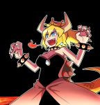  :d aqua_eyes armpits bangs bare_arms bare_shoulders black_background black_collar black_dress blonde_hair blue_earrings bowsette bracelet breasts breathing_fire claw_pose cleavage collar collarbone crown dress earrings eyelashes fingernails fire hands_up horns jewelry large_breasts long_fingernails long_hair mario_(series) new_super_mario_bros._u_deluxe open_mouth outline parted_bangs ponytail rodney scales sharp_fingernails sharp_teeth simple_background slit_pupils smile solo spiked_bracelet spiked_collar spikes strapless strapless_dress super_crown tail teeth turtle_shell upper_teeth v-shaped_eyebrows white_outline 