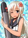  ;d bangs blue_eyes blush commentary crop_top eyebrows_visible_through_hair flower hair_between_eyes hair_flower hair_ornament holding kantai_collection long_hair looking_at_viewer mashayuki object_hug one-piece_swimsuit one-piece_tan one_eye_closed open_mouth ro-500_(kantai_collection) school_swimsuit school_uniform serafuku signature simple_background smile solo swimsuit swimsuit_under_clothes tan tanline torpedo twitter_username white_hair 