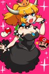  :d absurdres armlet bangs bare_shoulders black_collar black_dress blonde_hair blue_eyes bowsette bracelet breasts brooch cleavage collar crown dress earrings fang hand_up highres horns jewelry lkll long_hair mario mario_(series) medium_breasts mushroom new_super_mario_bros._u_deluxe open_mouth pink_background pink_pupils pinky_out ponytail sexually_suggestive smile solo sparkle spiked_armlet spiked_bracelet spiked_collar spikes strapless strapless_dress super_crown turtle_shell v-shaped_eyebrows 