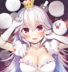  1girl blush boo breasts cleavage covering_eyes crown dress embarrassed eyebrows_visible_through_hair fang gloves hands_up large_breasts long_hair looking_at_viewer luigi's_mansion mario_(series) new_super_mario_bros._u_deluxe open_mouth princess_king_boo puffy_short_sleeves puffy_sleeves red_eyes sazaki_ichiri short_sleeves silver_hair solo super_crown upper_body white_dress white_gloves 