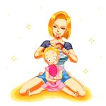  android_18 barefoot black_eyes blonde_hair blush brush brushing_another's_hair dragon_ball dragon_ball_z dress full_body hair_brushing head_tilt marron mirror mother_and_daughter multiple_girls pink_dress shorts simple_background sitting smile spread_legs thighs toratorashippo twintails white_background 