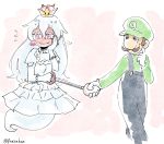  1girl artist_name blue_overalls blush brown_hair commentary couple crown dress ear_blush earrings embarrassed facial_hair flying_sweatdrops frills full-face_blush ghost_tail gloves green_hat green_shirt hair_between_eyes hand_on_own_cheek hat hetero holding_hands jewelry long_hair looking_away luigi luigi's_mansion mario_(series) mustache new_super_mario_bros._u_deluxe nose overalls panzuban pink_eyes pointy_ears princess_king_boo puffy_short_sleeves puffy_sleeves scratching_cheek shirt short_sleeves simple_background sketch smile super_crown sweatdrop twitter_username very_long_hair wavy_mouth white_dress white_gloves white_hair white_skin 