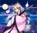  1girl animal_ear_fluff animal_ears bangs bee_(deadflow) bell blue_background blush commentary_request eyebrows_visible_through_hair fox_ears fox_tail full_moon grey_hair hair_bell hair_between_eyes hair_ornament hitodama holding holding_sword holding_weapon jingle_bell katana long_hair long_sleeves looking_at_viewer low-tied_long_hair moon orange_eyes original parted_lips red_ribbon ribbon sleeves_past_wrists solo standing sword tail weapon wide_sleeves 