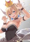  :d armpits black_dress blonde_hair blue_eyes blush bowsette bracelet breasts chromatic_aberration claw_pose collar commentary_request crown dress earrings fangs hands_up highres izure_(pixiv16392012) jewelry large_breasts mario_(series) new_super_mario_bros._u_deluxe open_mouth pointy_ears ponytail smile solo spiked_bracelet spiked_collar spikes strapless strapless_dress super_crown 