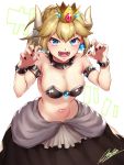  amamfoy bare_shoulders black_nails blonde_hair blue_eyes bowsette bracelet breasts cleavage collar commentary_request crown earrings eyebrows eyebrows_visible_through_hair fangs jewelry large_breasts looking_at_viewer mario_(series) nail_polish navel new_super_mario_bros._u_deluxe signature simple_background solo spiked_armlet spiked_bracelet spiked_collar spikes teeth white_background 